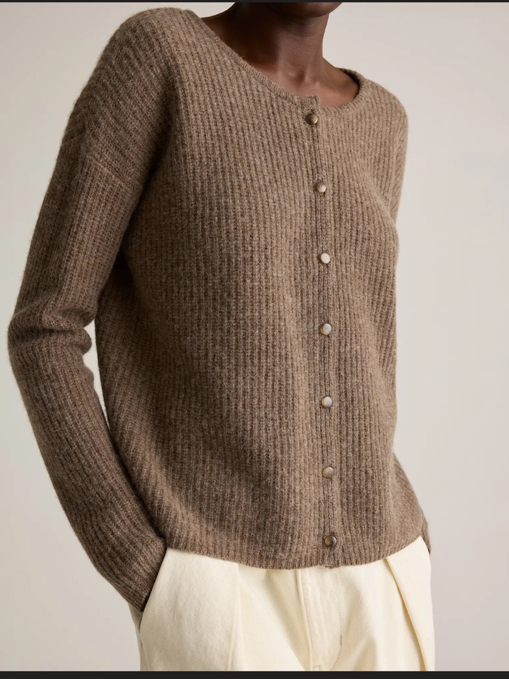 Quince 100% Yak Soft Rib Crew Cardigan In Heather Brown Medium - Picture 5 of 9